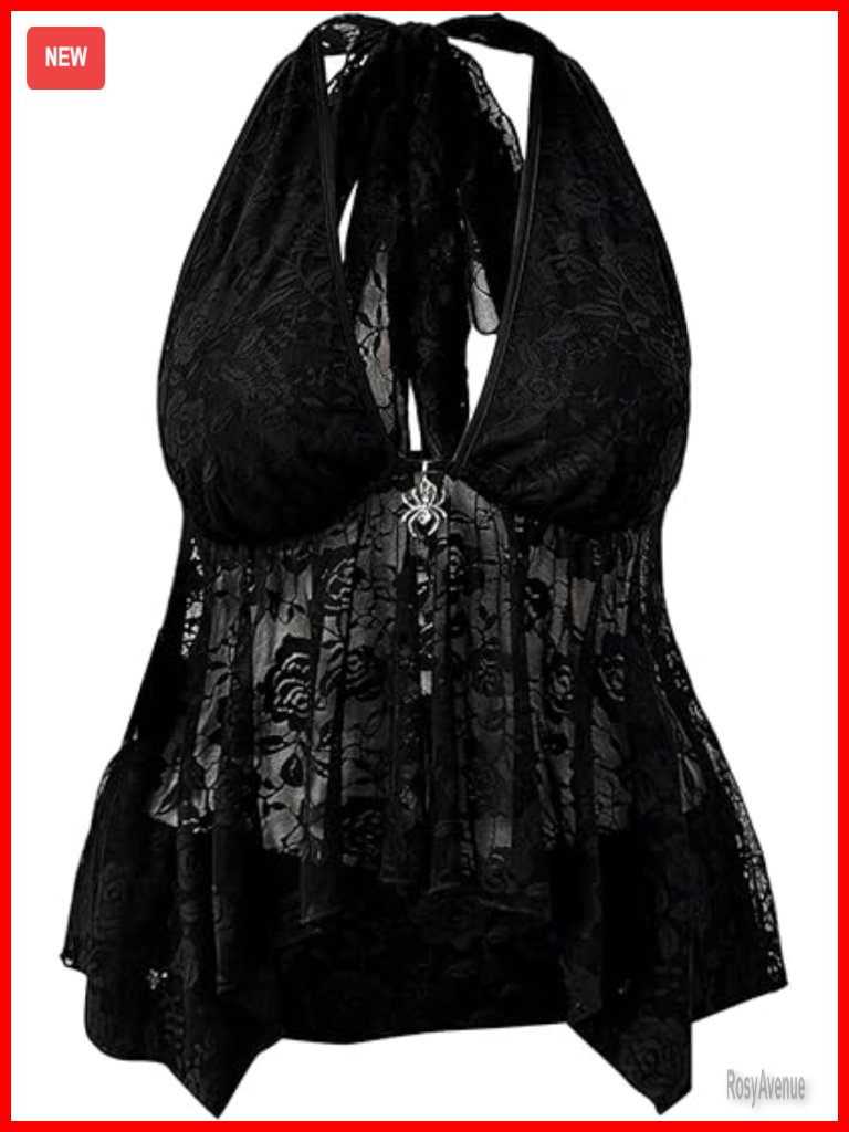 Plus Size Lace Halter Top With Tie Back And Side Slit